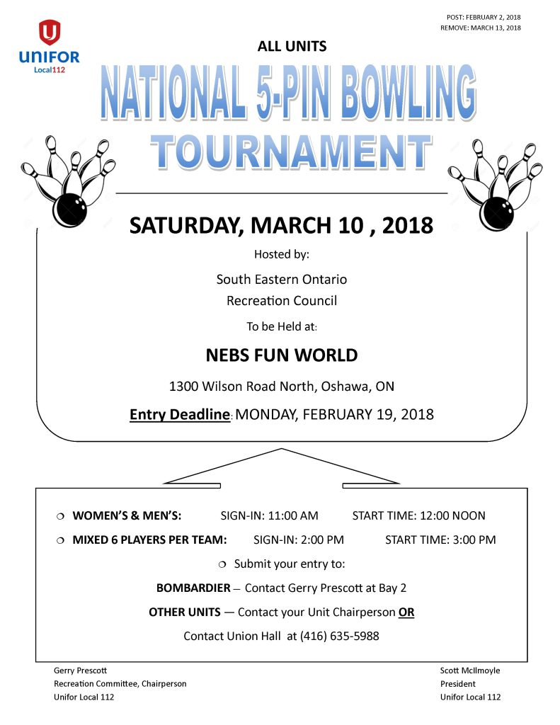 NATIONAL 5-PIN BOWLING TOURNAMENT | UNIFOR Local 112