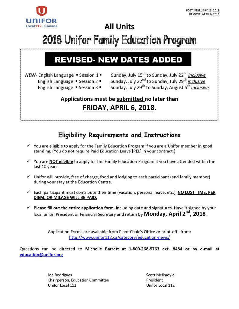 Unifor Family Education Program 2018 REVISED FEBRUARY 15, 2018