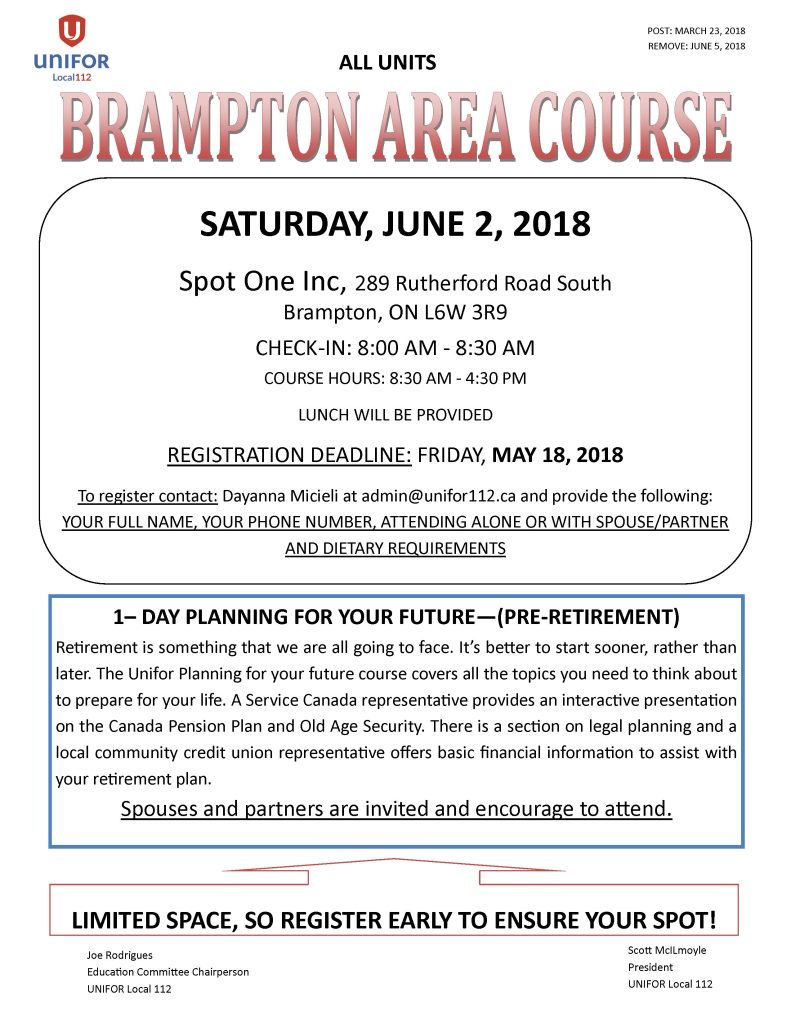 BRAMPTON AREA COURSES JUNE 2, 2018