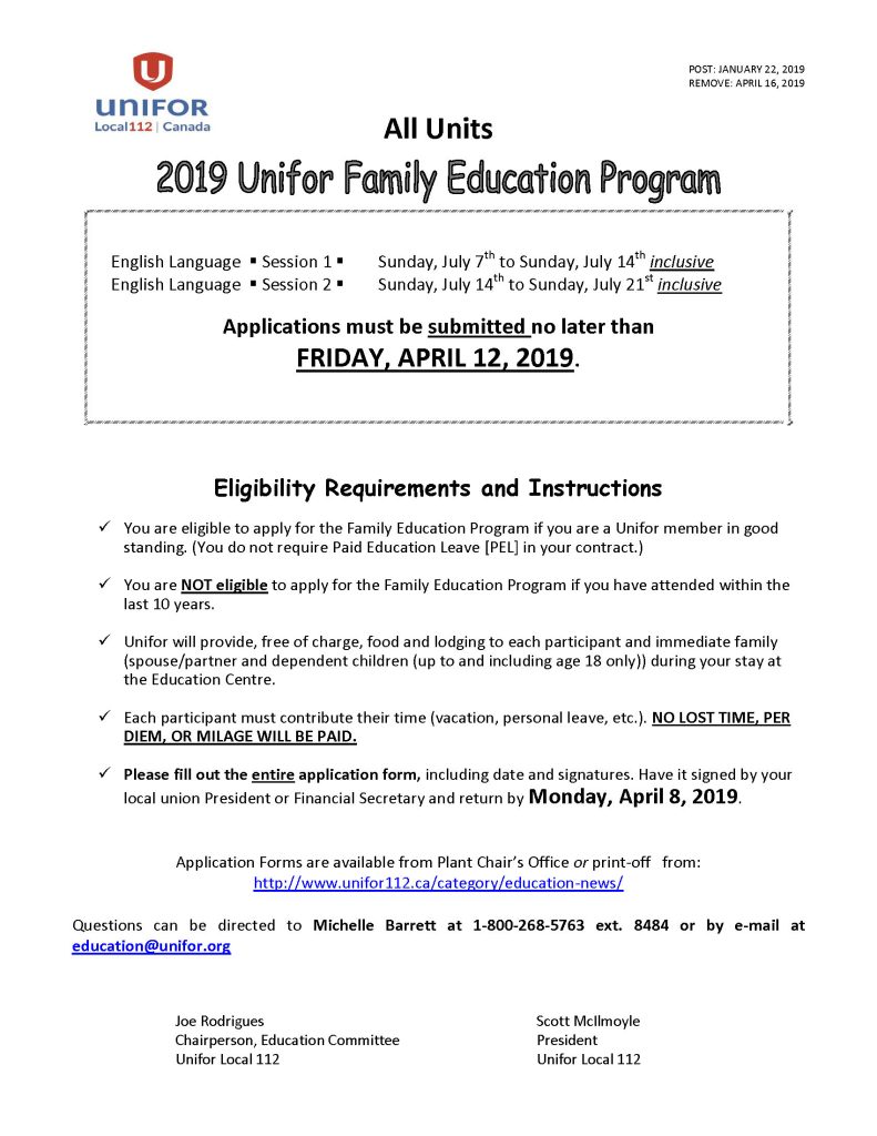 Unifor Family Education Program 2019