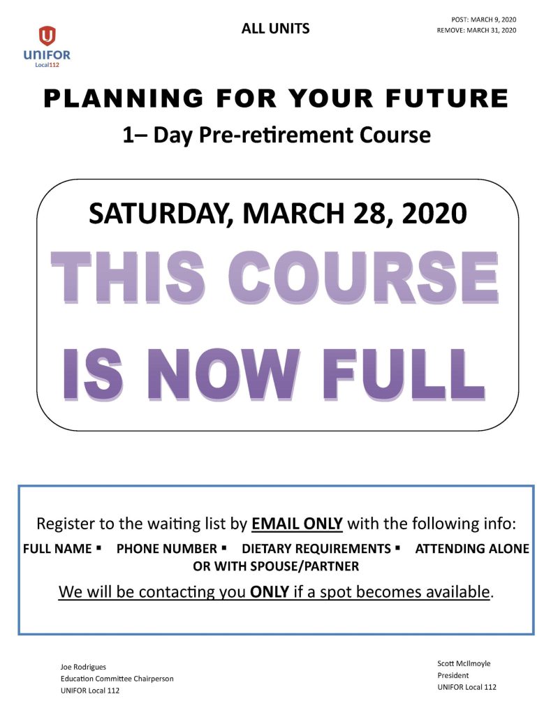 COURSE IS NOW FULL PLANNING FOR YOUR FUTURE PRE RETIREMENT 1 DAY COURSE