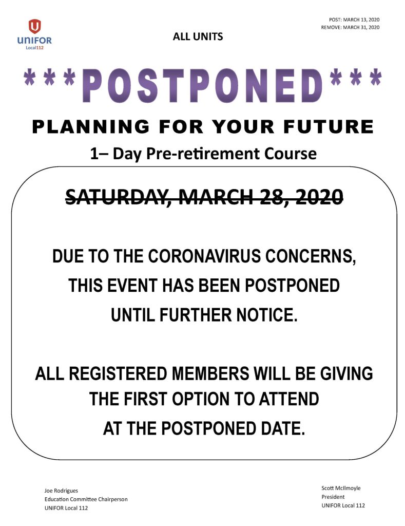 POSTPONED PLANNING FOR YOUR FUTURE PRE RETIREMENT 1 DAY COURSE