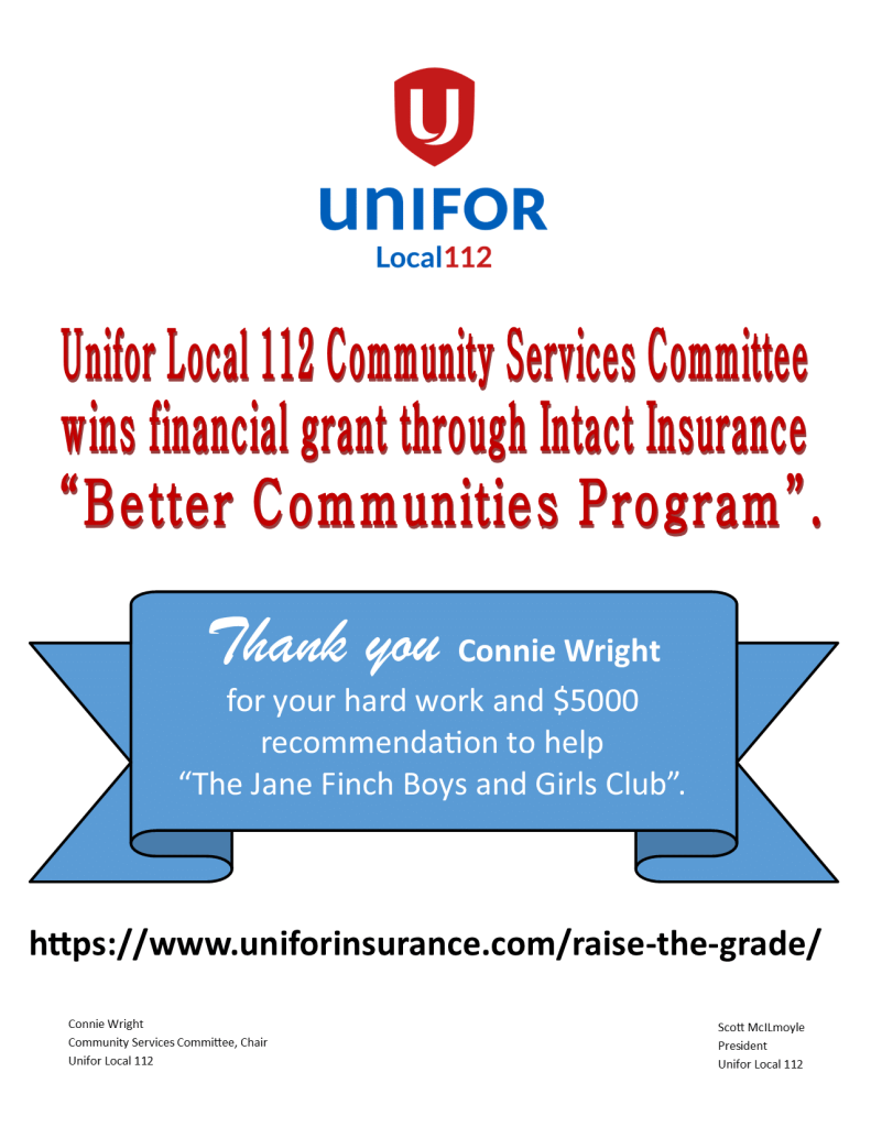 Unifor Local 112 Community Services Committee wins financial grant