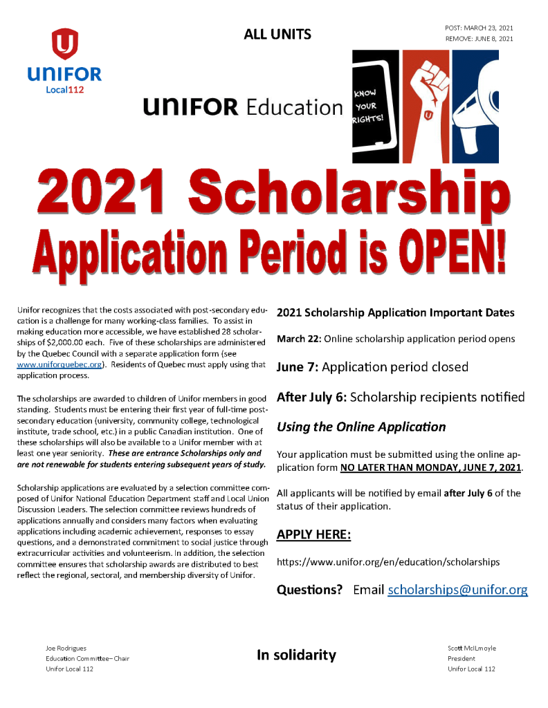 UNIFOR SCHOLARSHIPS UPDATE MARCH 23, 2021