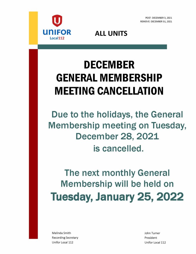 2021 GENERAL MEMBERSHIP MEETING DECEMBER CANCELLATION