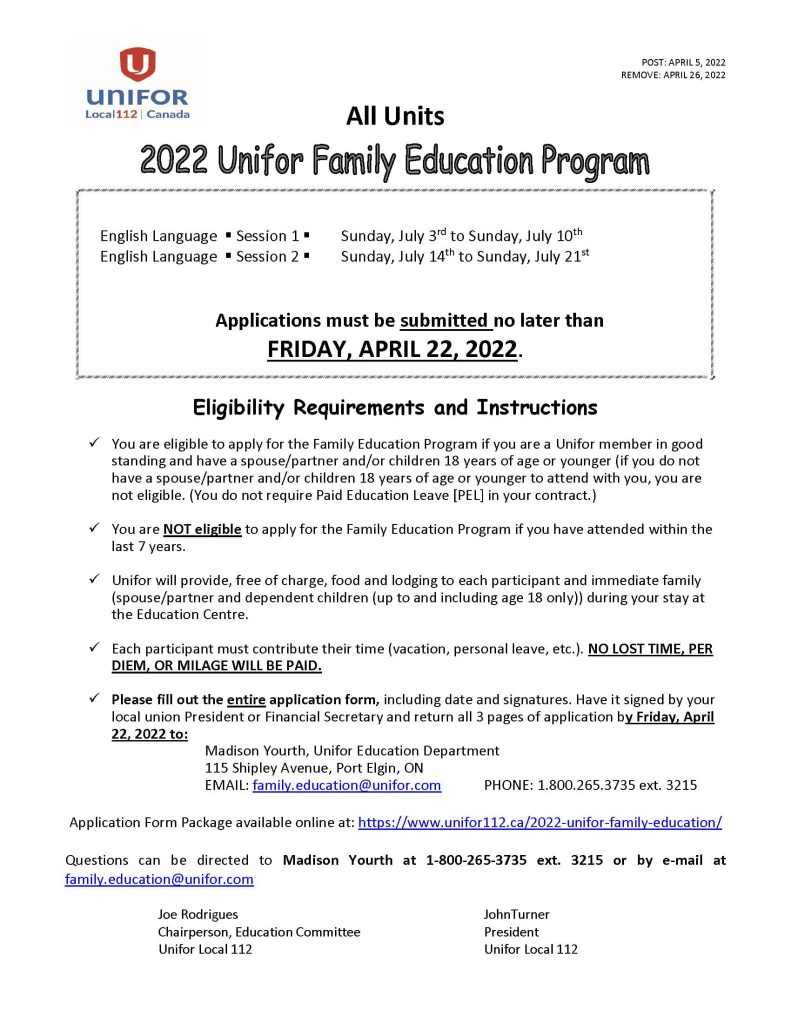 Unifor Family Education Program 2022