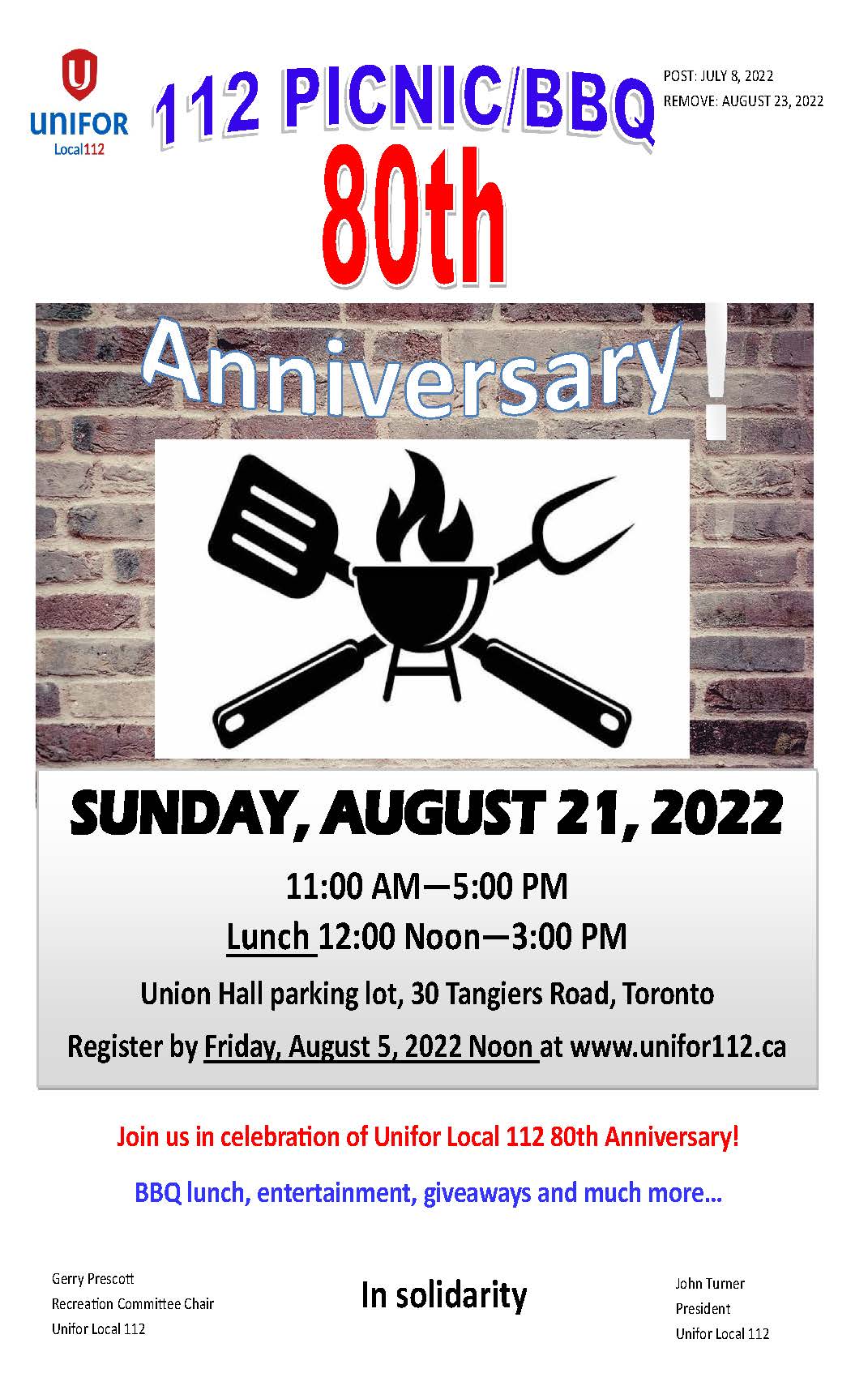 112 PICNIC/BBQ 80TH ANNIVERSARY! | UNIFOR Local 112