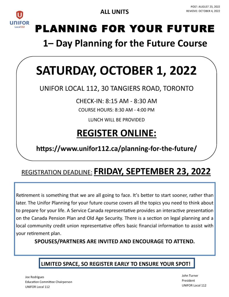 1 DAY PLANNING FOR YOUR FUTURE COURSE SAT. OCT. 1, 2022