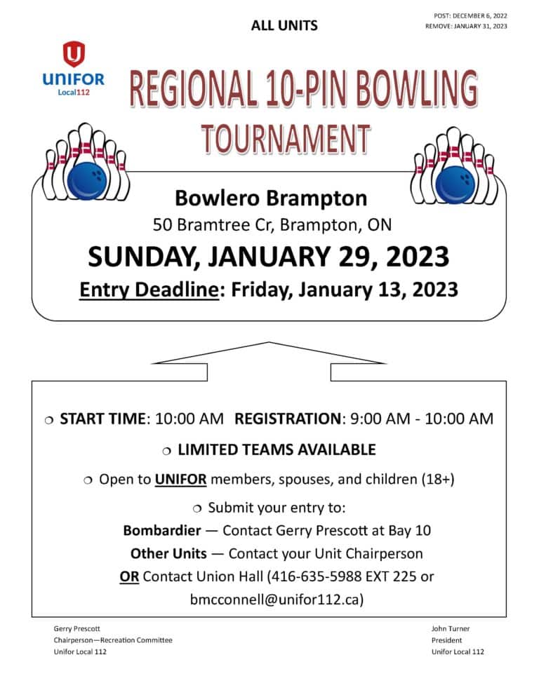 REGIONAL 10PIN BOWLING TOURNAMENT UNIFOR Local 112