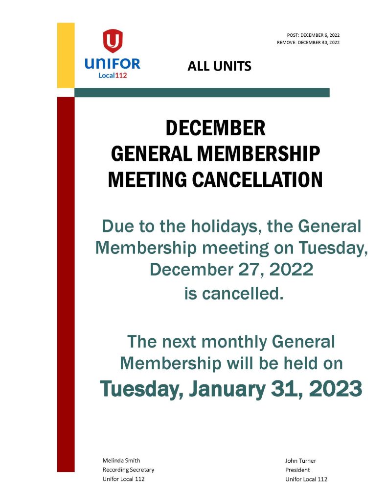 GENERAL MEMBERSHIP MEETING 2022 DECEMBER CANCELLATION