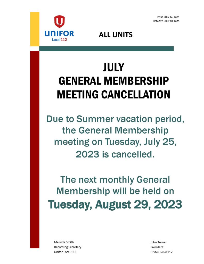 2023 GENERAL MEMBERSHIP MEETING JULY CANCELLATION