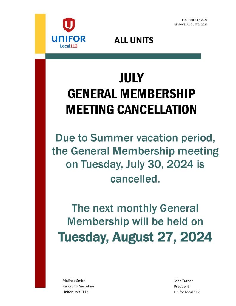 2024 GENERAL MEMBERSHIP MEETING JULY CANCELLATION