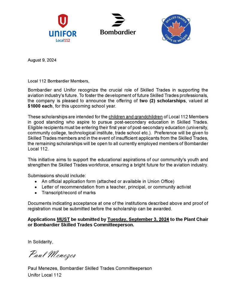 112 BOMBARDIER SKILLED TRADES SCHOLARSHIP LETTER