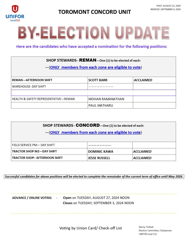 TOR C & TOR R BY BY ELECTION UPDATE AUG. 23, 2024