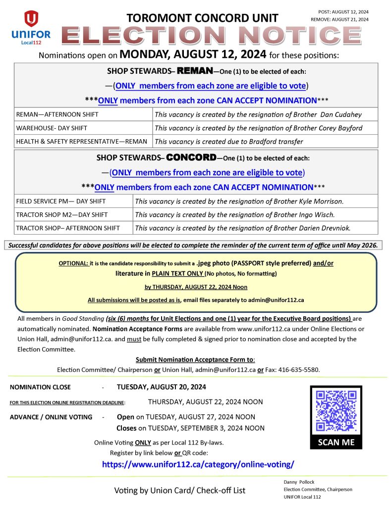 TOR C & TOR R BY ELECTION NOTICE AUG. 12, 2024