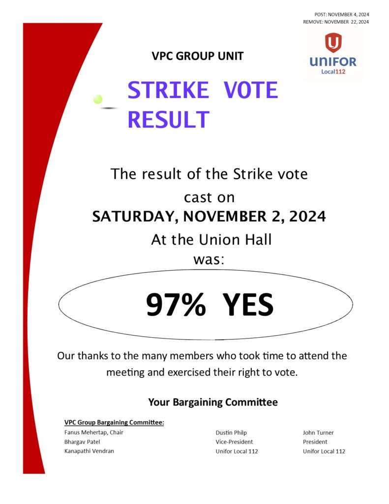 VPC GROUP STRIKE VOTE RESULT NOVEMBER 4, 2024