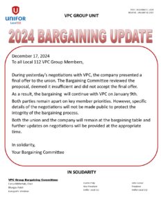 VPC GROUP 2024 BARGAINING UPDATE NOTICE DEC 17, 2024