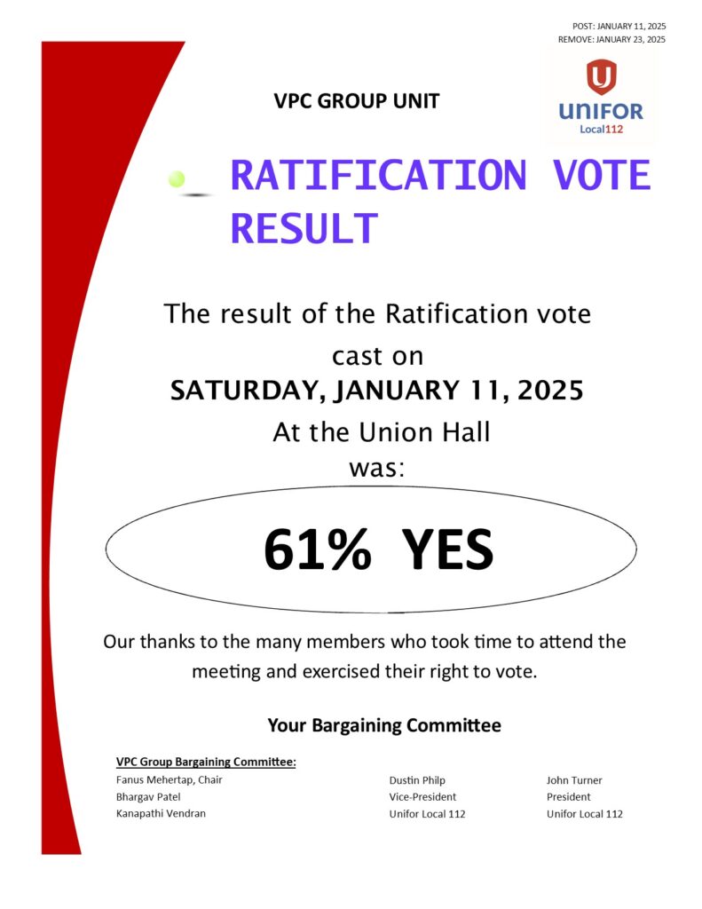 VPC GROUP RATIFICATION VOTE RESULT JANUARY 11, 2025